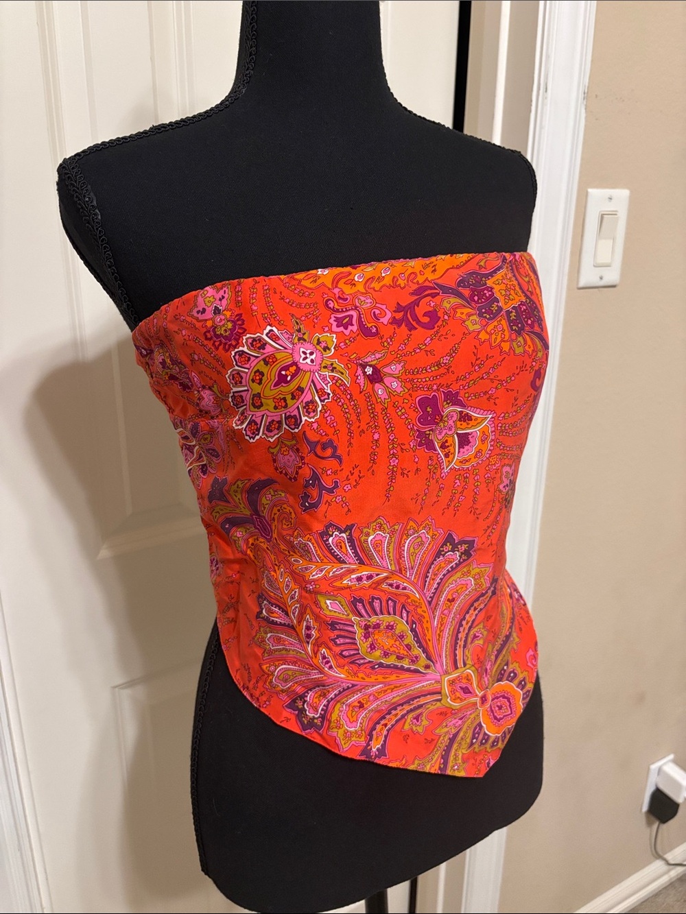 New York & Company Orange Paisley Strapless Crop Top